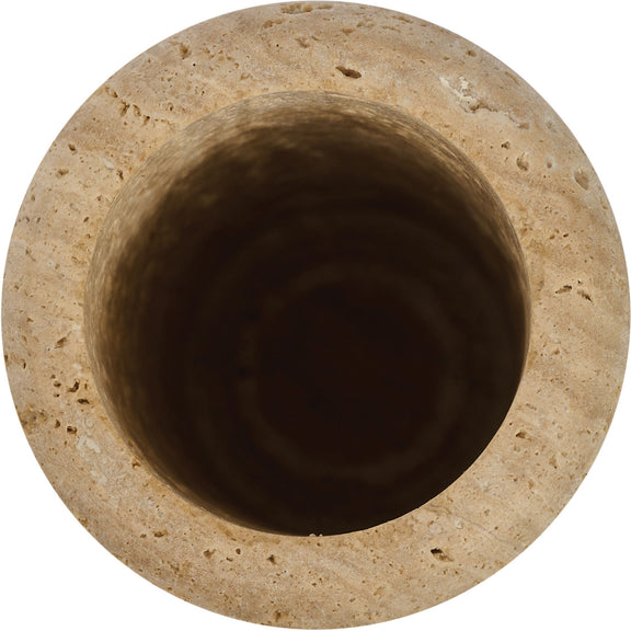 Beige travertine vase close-up of wide circular opening
