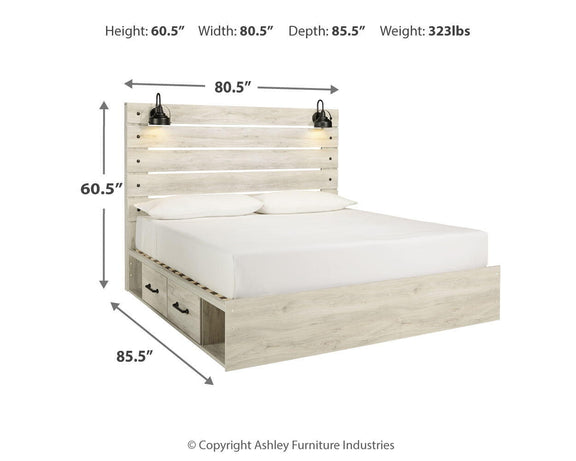 Cambeck panel bed in light beige wood finish with two front drawers and slat headboard