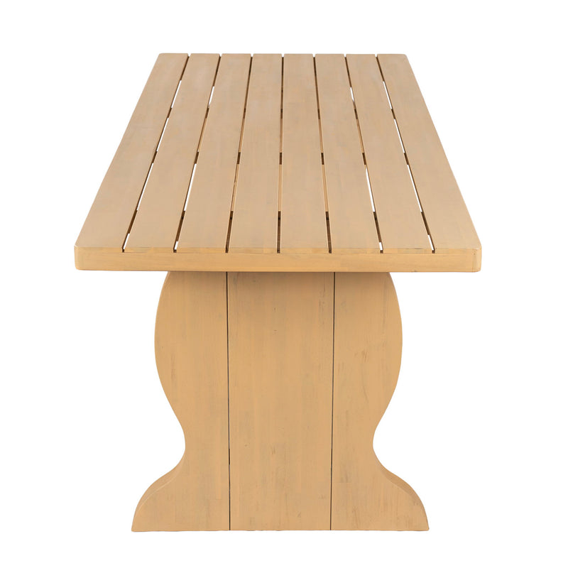 Rectangular Outdoor Dining Table, With Slatted Top And Fish Tail Curved Pedestal Legs - Light Teak