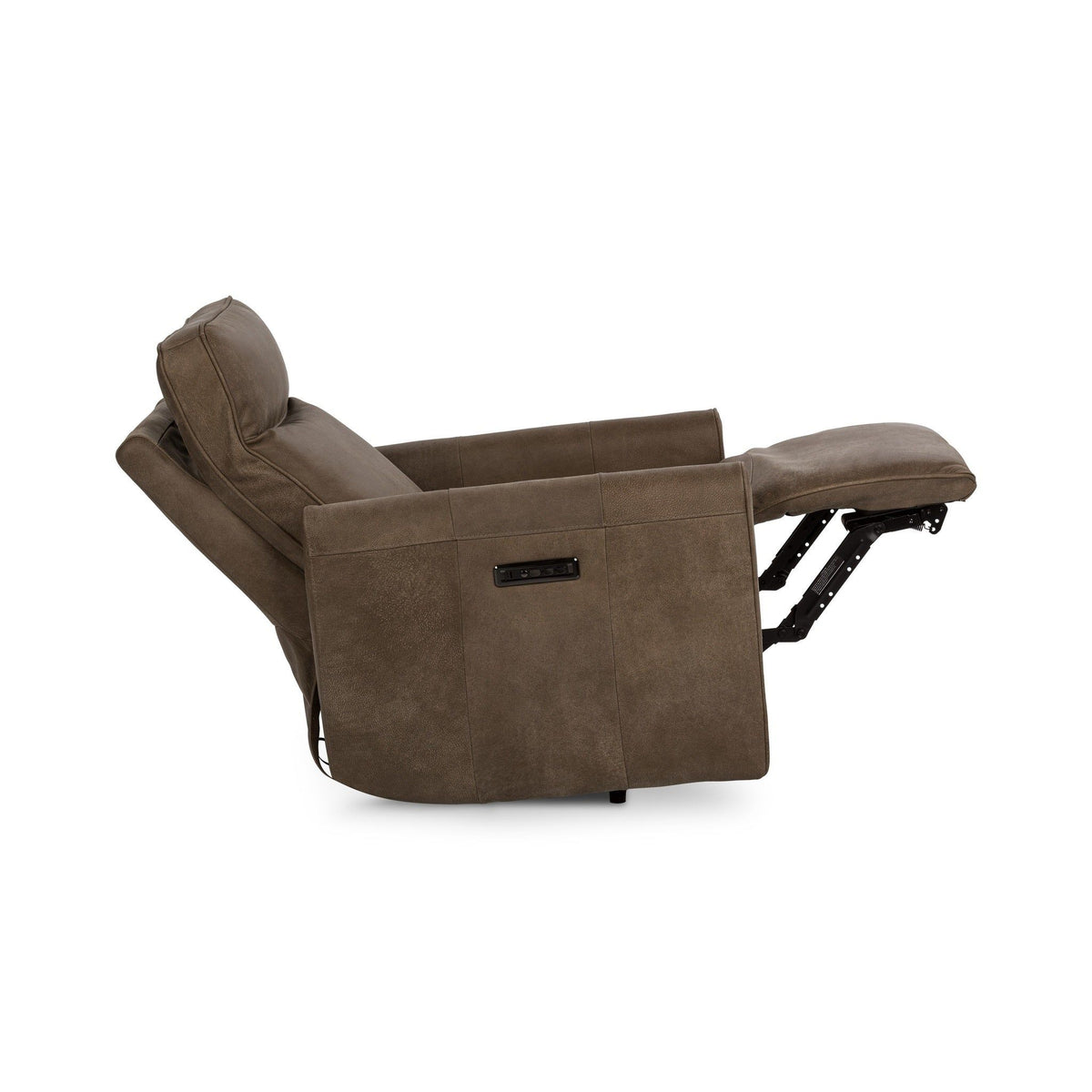 Leather-look power recliner chair showing mechanism under extended footrest