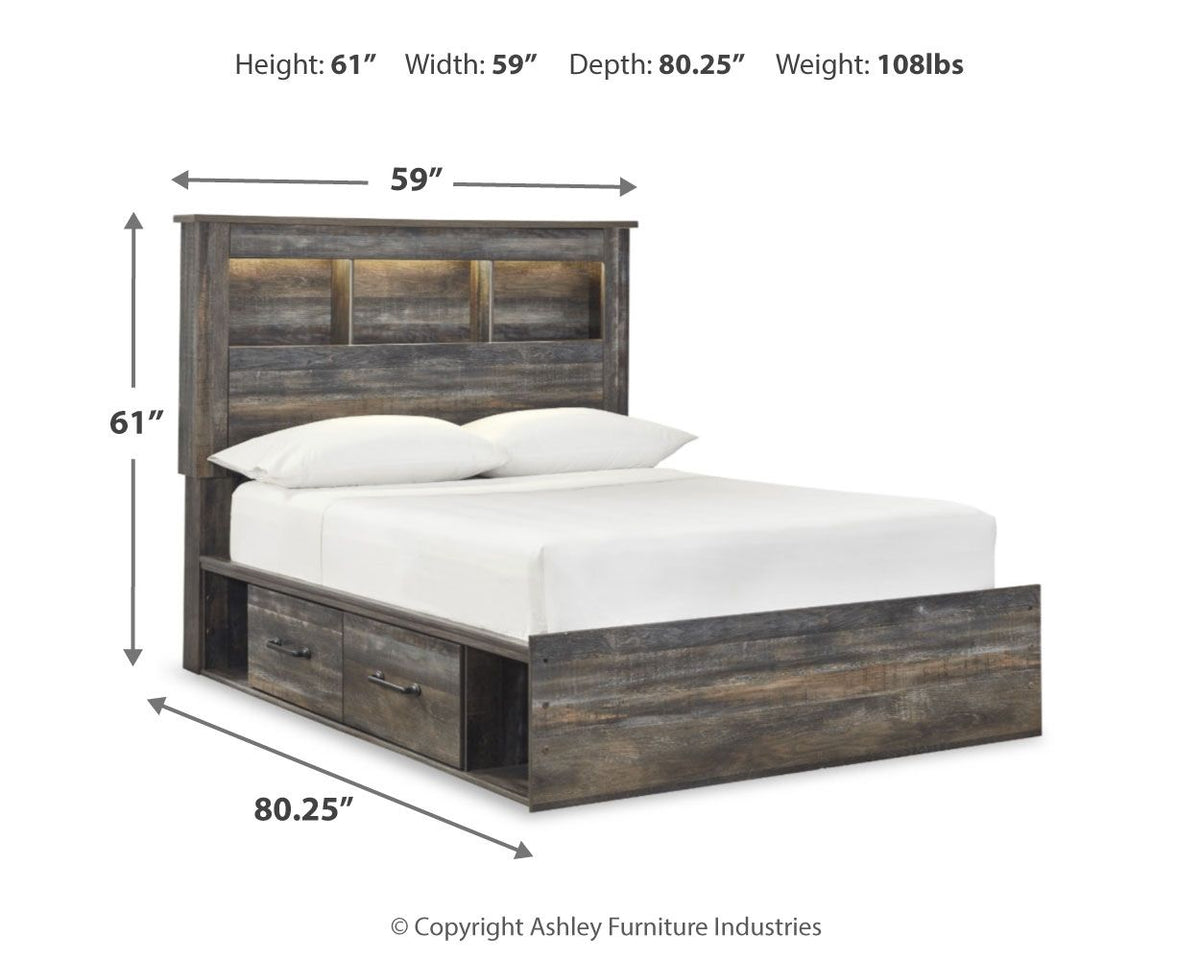 Panel bookcase bed with open headboard shelves and side drawers, dark wood finish.