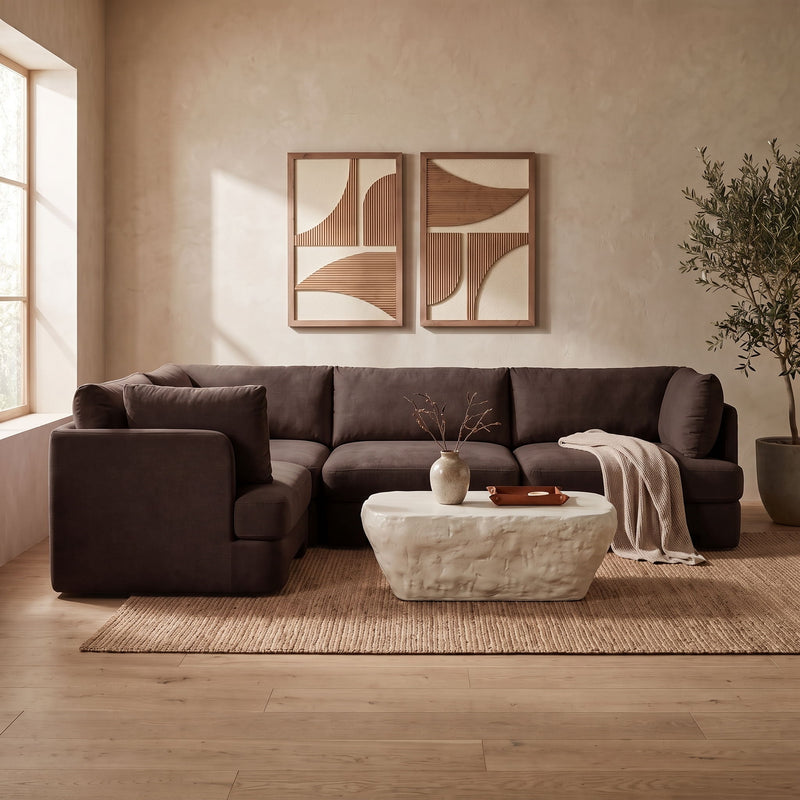 Dark brown velvet performance fabric sectional with chaise-style corner and tufted cushions
