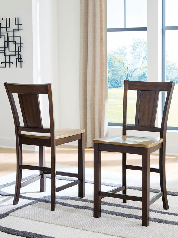 Two dark brown wooden barstools with open-frame legs and slatted backs, light seats