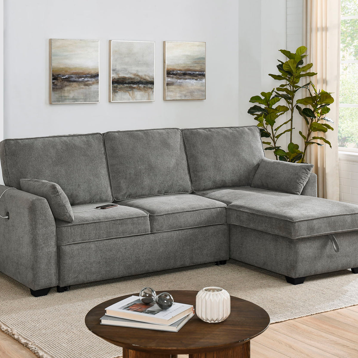 Ember - 92"W Fabric Sleeper Sectional with Reversible Storage Chaise