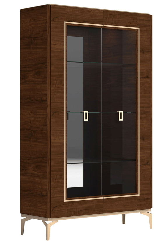 Dark brown two-door china cabinet with glass doors and gold-tone bar handles