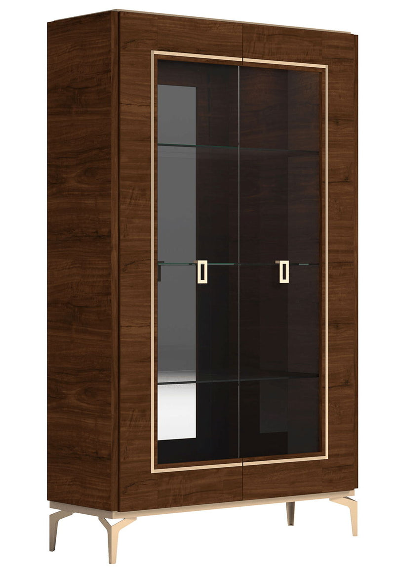 Dark brown two-door china cabinet with glass doors and gold-tone bar handles