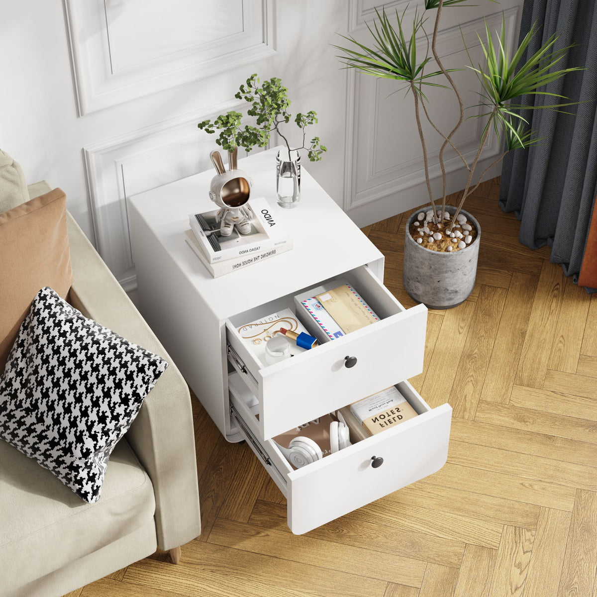 Modern Night Stand Storage Cabinet For Living Room Bedroom, Steel Cabinet With 2 Drawers, Bedside Furniture, Circular Handle - White