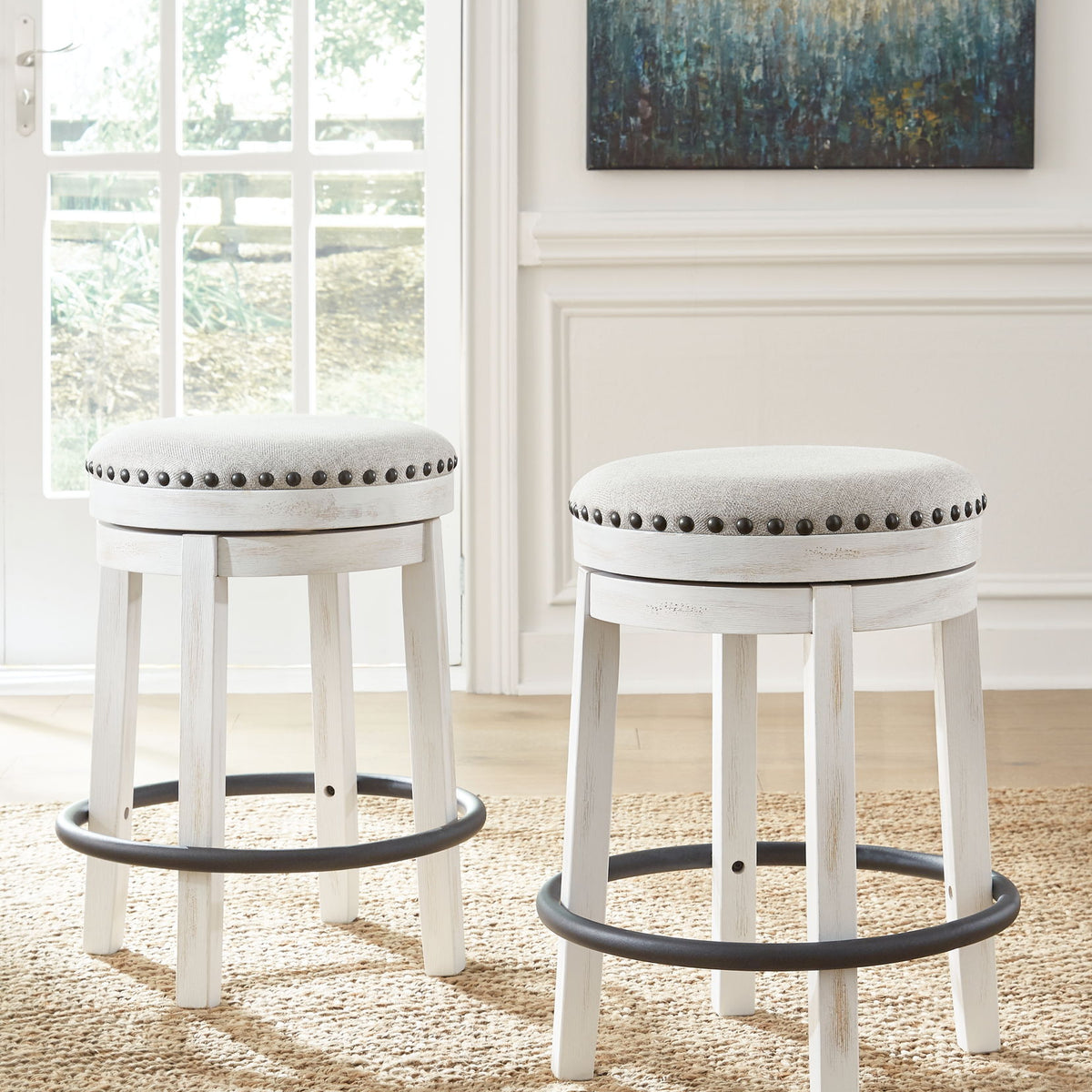 Valebeck - 5 Pc. - Counter Table With Wine Rack, 4 Swivel Stools - White / Brown
