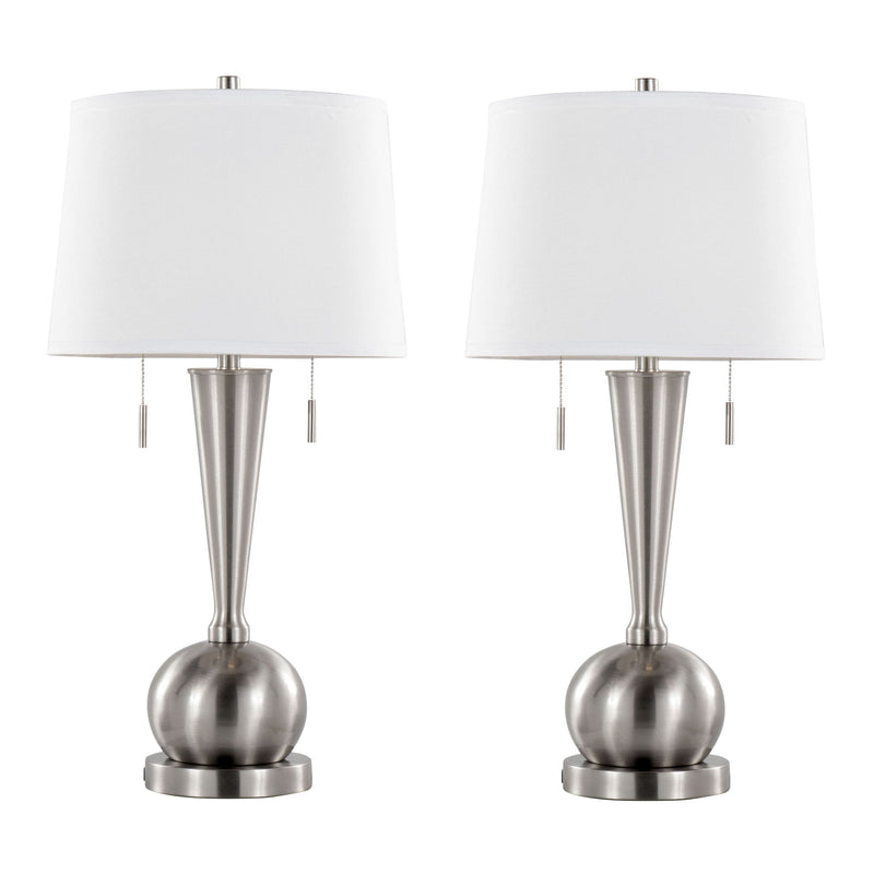 Pair of nickel table lamps with white shades, slender side details and round bases