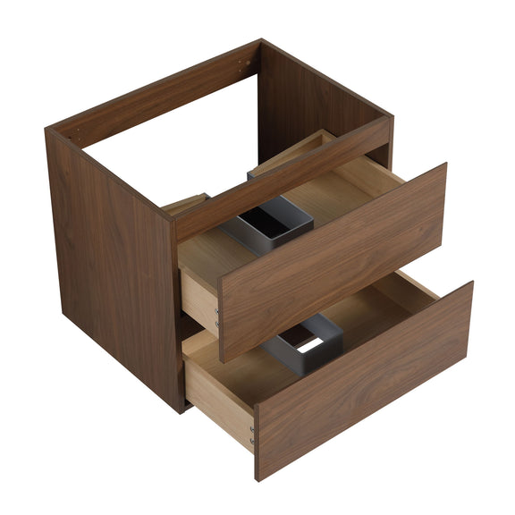 Dark brown wall-mounted bathroom vanity with two soft-close drawers pulled out, inset sink basin