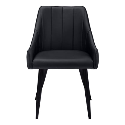 Upholstered side dining chair, black faux leather look, padded back and seat, tapered legs