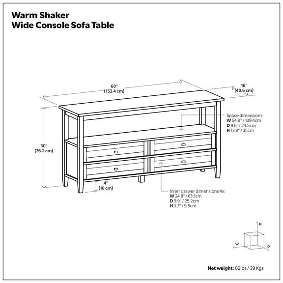 Console sofa table dimensions diagram with drawer layout and measurements
