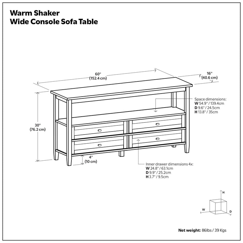 Console sofa table dimensions diagram with drawer layout and measurements