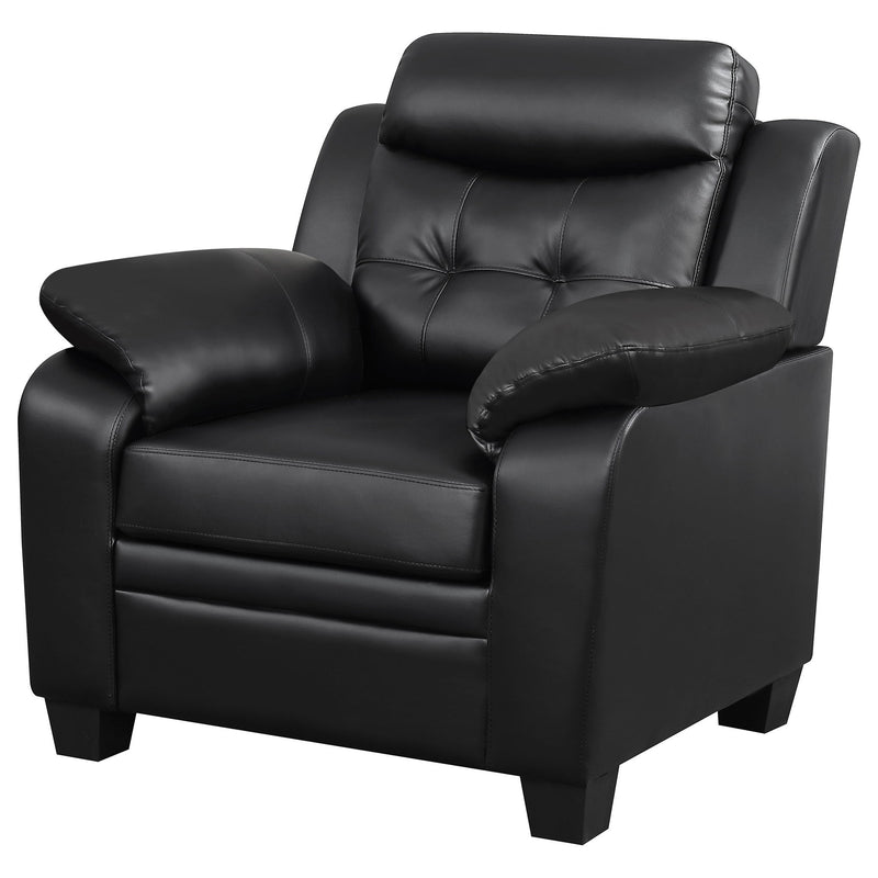 Black upholstered accent chair with tufted back, padded arms, and thick cushioned seat