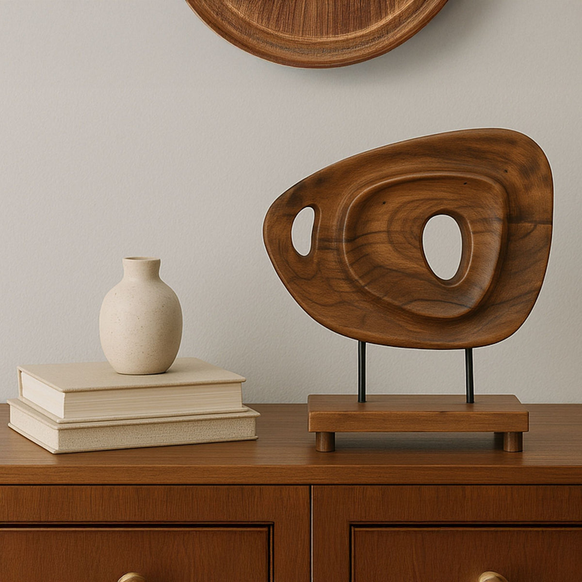 Natural acacia wood abstract sculpture with two oval openings, on wooden base