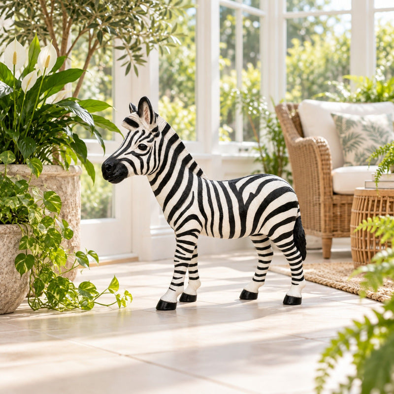 Striped zebra statue shown from the side, with black hooves and upright ears