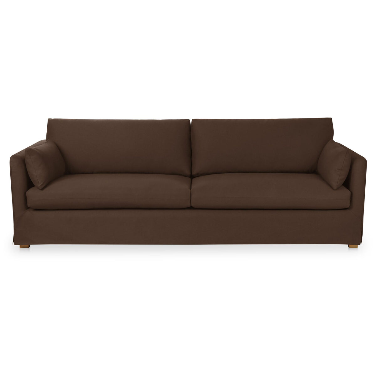 Dark brown 3-seater sofa with tufted seat cushions and two back cushions