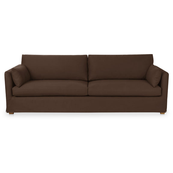 Dark brown 3-seater sofa with tufted seat cushions and two back cushions