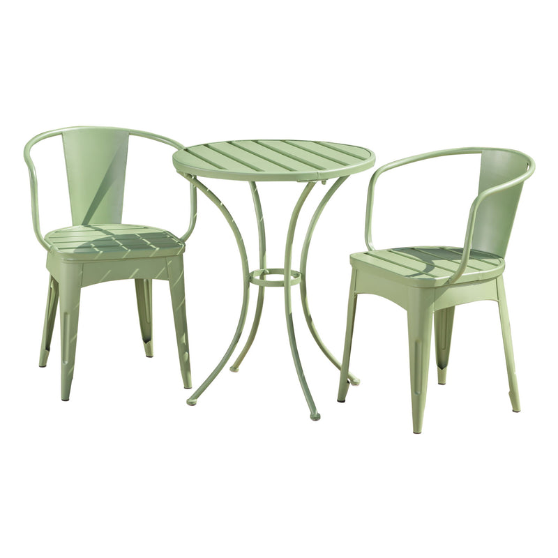 Green metal bistro table with two matching chairs, slatted seats and backs