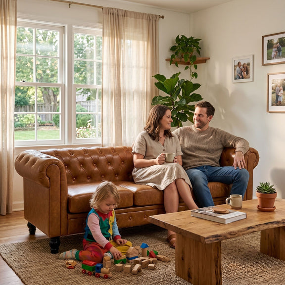 Light brown tufted sofa with rolled arms and three cushions, shown with a family.