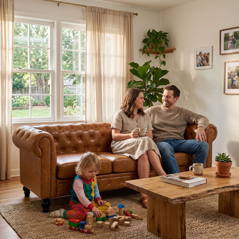 Light brown tufted sofa with rolled arms and three cushions, shown with a family.