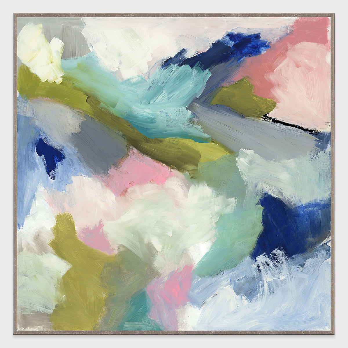 Abstract wall art canvas with blue, pink, green, and white brushstrokes in a frame