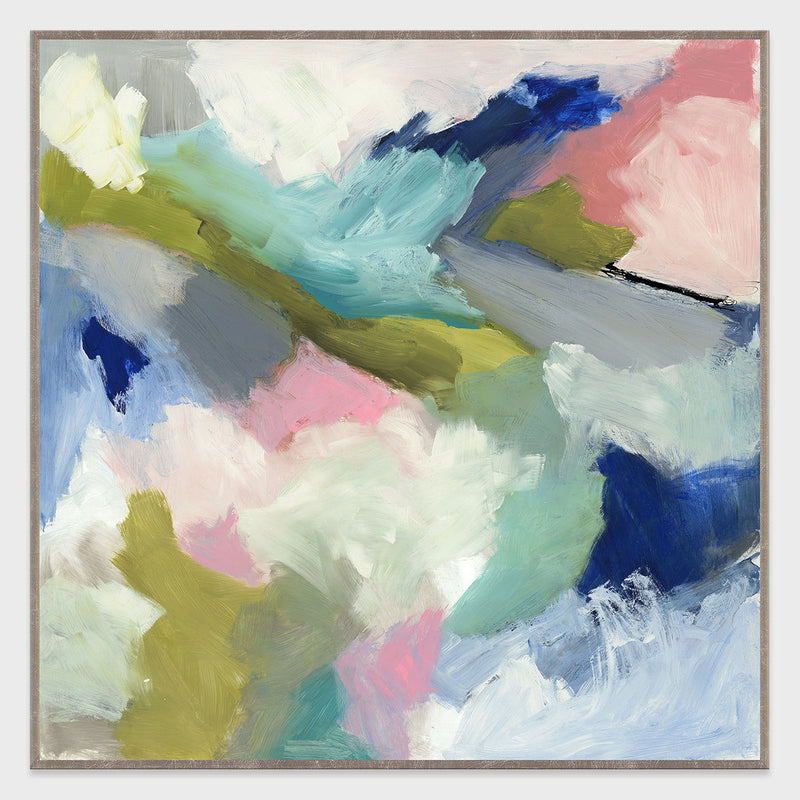 Abstract wall art canvas with blue, pink, green, and white brushstrokes in a frame