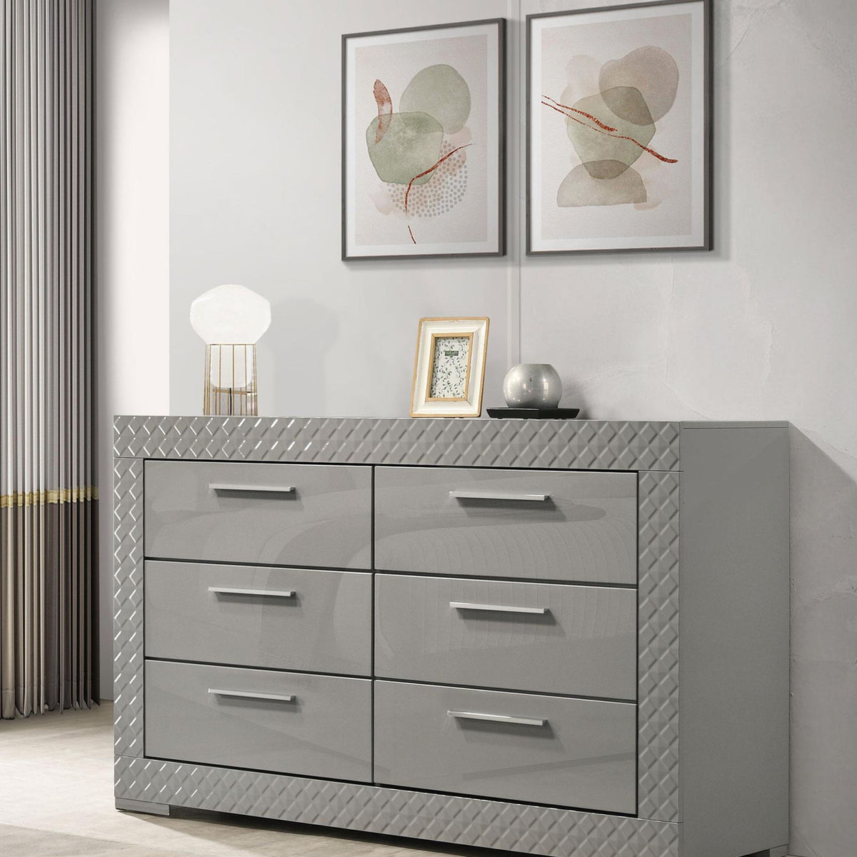 Ives 6-drawer Dresser Cabinet Grey High Gloss