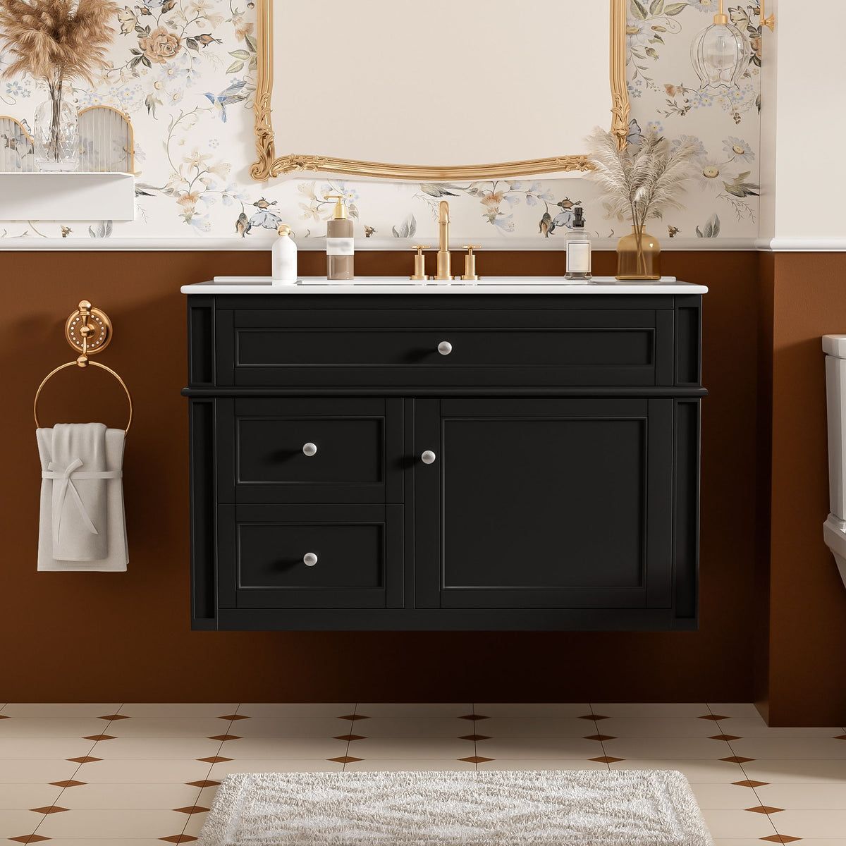 Black wall-mounted bathroom vanity with sink, two drawers and closed cabinet fronts.