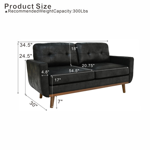 Black two-seat sofa with tufted back, wood legs, and dimension labels