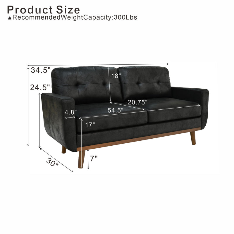 Black two-seat sofa with tufted back, wood legs, and dimension labels