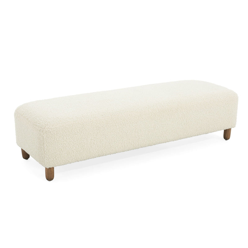 White boucle-style upholstered ottoman bench with rounded top and tapered wooden legs