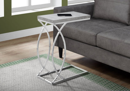 Gray C-shaped accent table with square top and chrome-style metal X base.