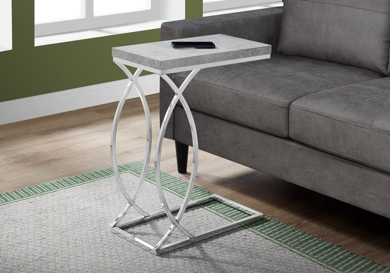 Gray C-shaped accent table with square top and chrome-style metal X base.