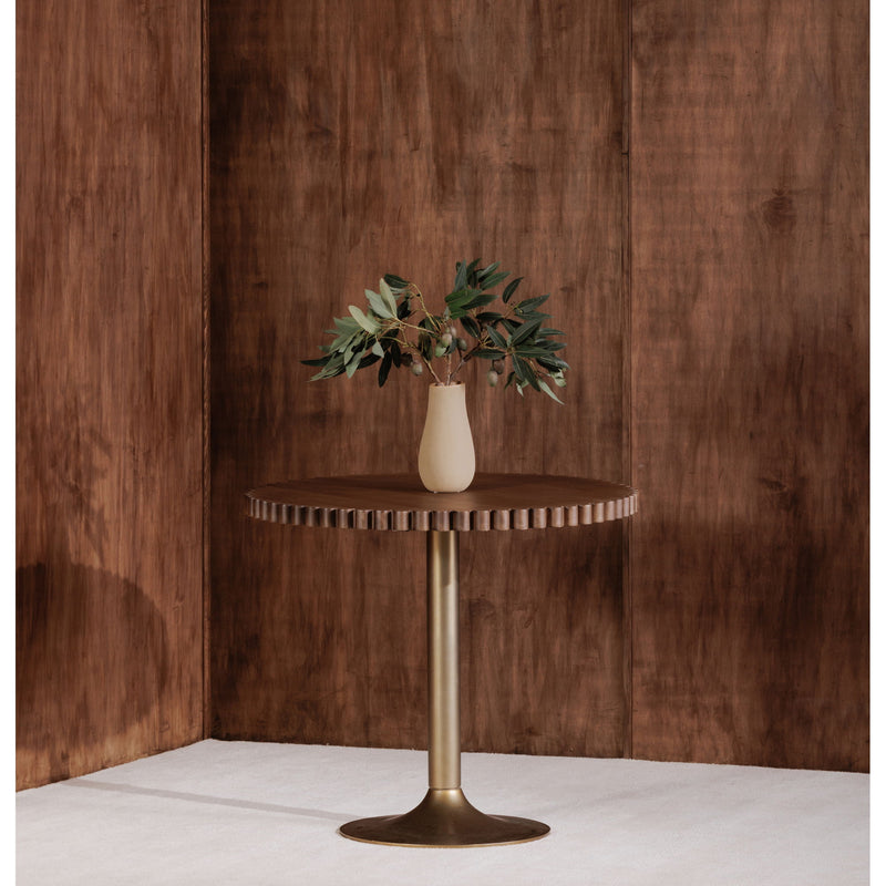 Round cafe table with dark brown scalloped tabletop and gold pedestal base