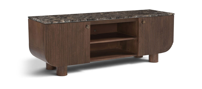 Dark brown mango wood media console with open center shelf and two side cabinet panels