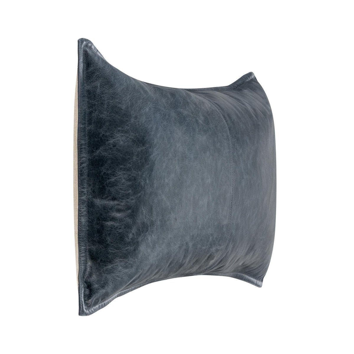 Blue leather lumbar pillow side view with center seam and curved edge.