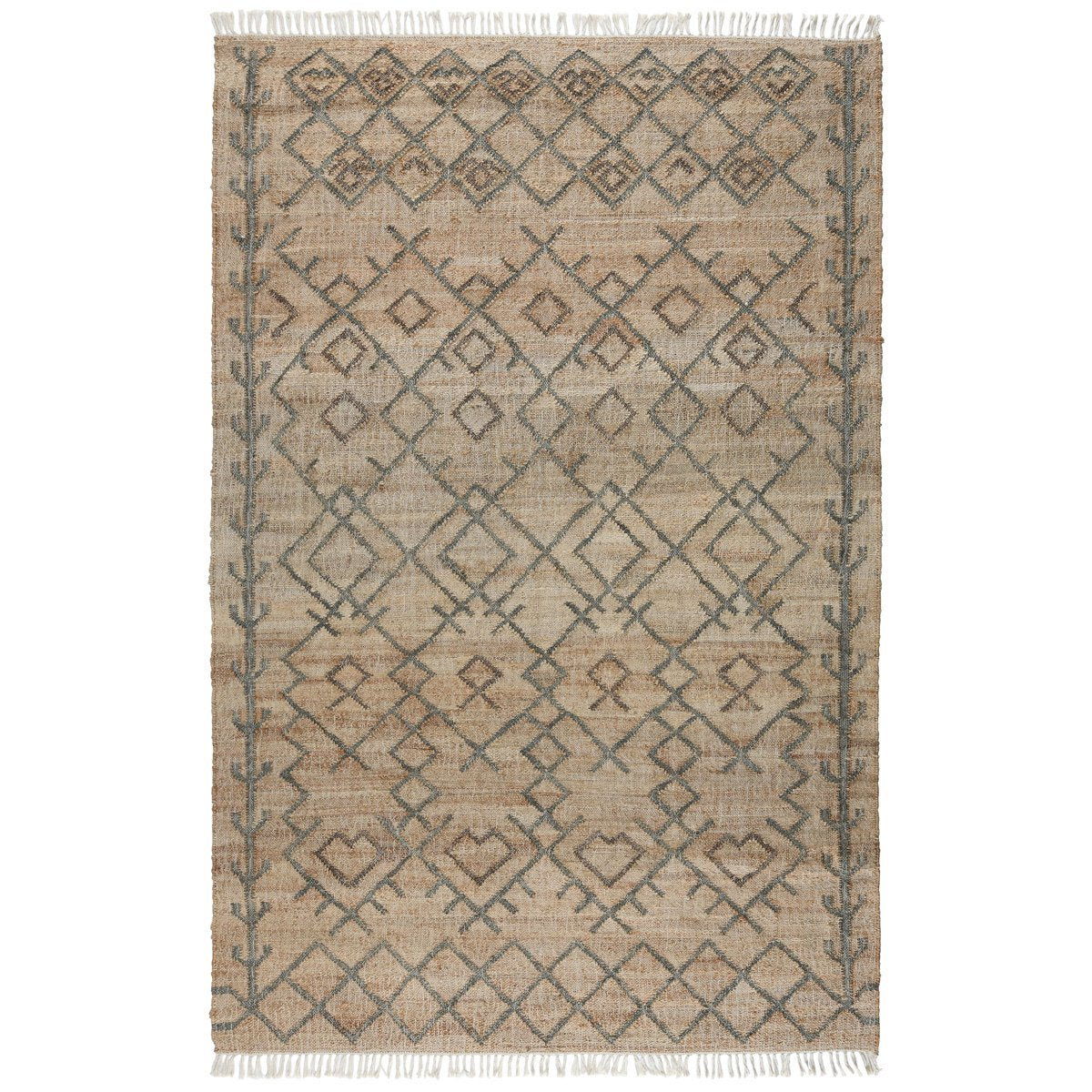 Natural fiber area rug with beige center, sage linework diamonds, fringed ends.