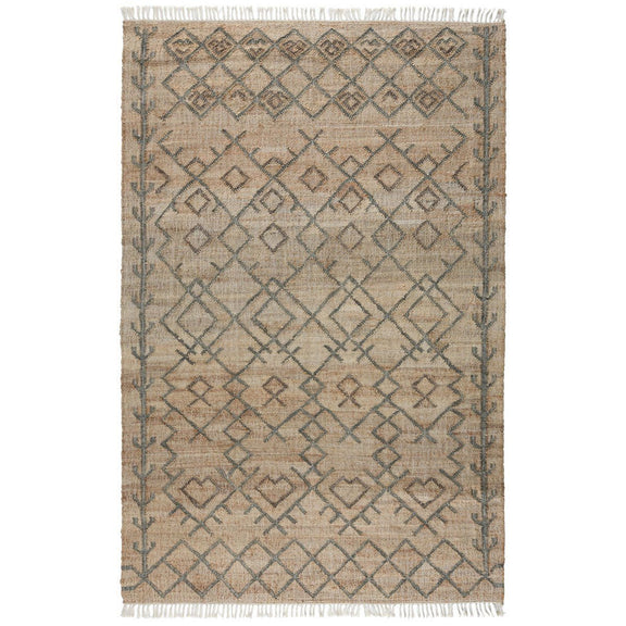 Natural fiber area rug with beige center, sage linework diamonds, fringed ends.