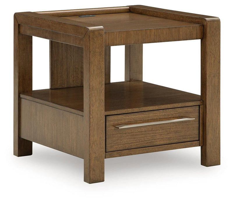 Brown square end table with open shelf and drawer with metal bar handle