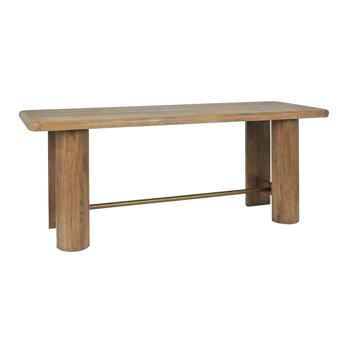 Tawny brown gathering table with metal support bar under the tabletop.