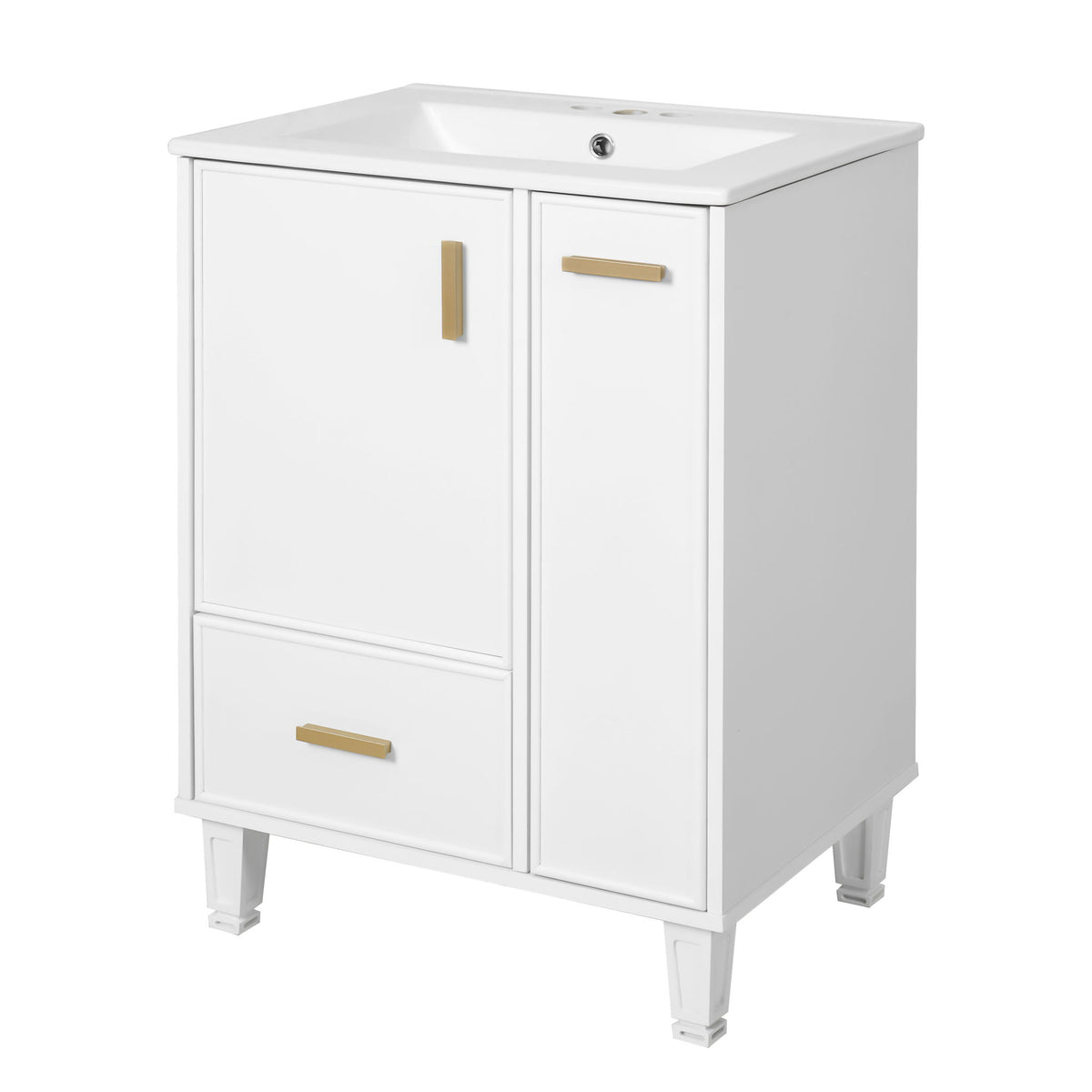 White bathroom vanity with white sink, cabinet doors, deep drawer, gold-tone bar handles