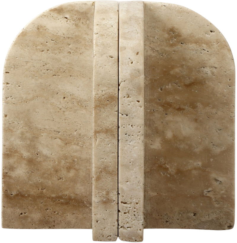 Travertine marble bookend with arched face and vertical center slot, speckled