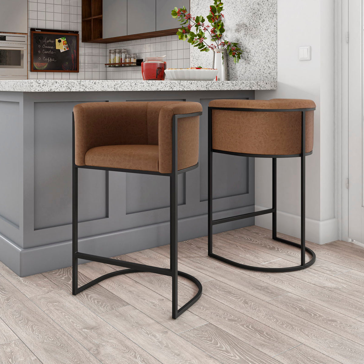 Set of two dark brown upholstered counter stools with black metal bases