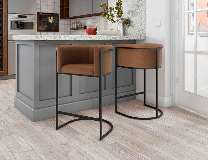 Set of two dark brown upholstered counter stools with black metal bases