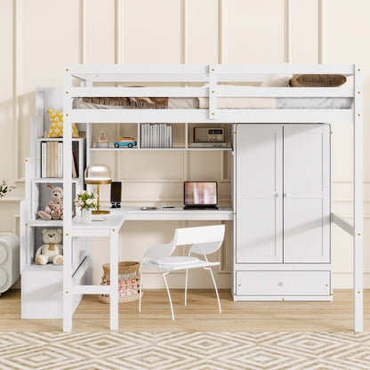 Full Size Loft Wood Bed with Desk, Book shelves and Wardrobe with Doors and Drawer, Built-in Staircase with Storage Shelves, Loft Bed with Safety Guardrails and Solid Slats, White