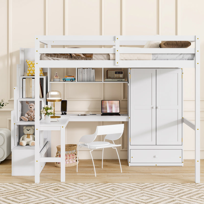 Full Size Loft Wood Bed with Desk, Book shelves and Wardrobe with Doors and Drawer, Built-in Staircase with Storage Shelves, Loft Bed with Safety Guardrails and Solid Slats, White