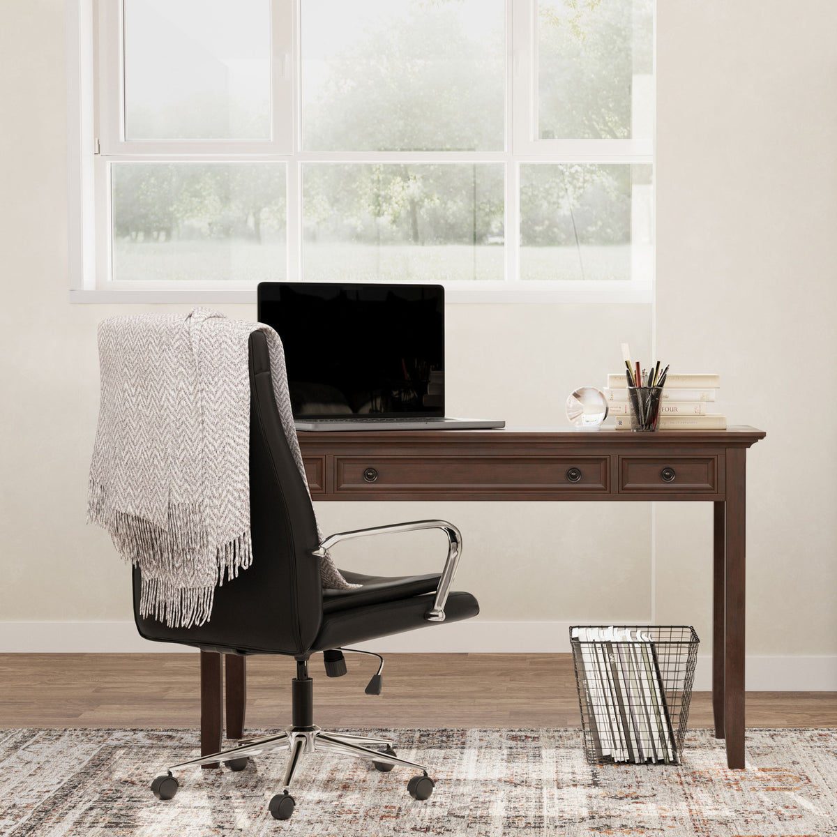 Dark brown handcrafted desk with 3 drawers and raised panel top for home office