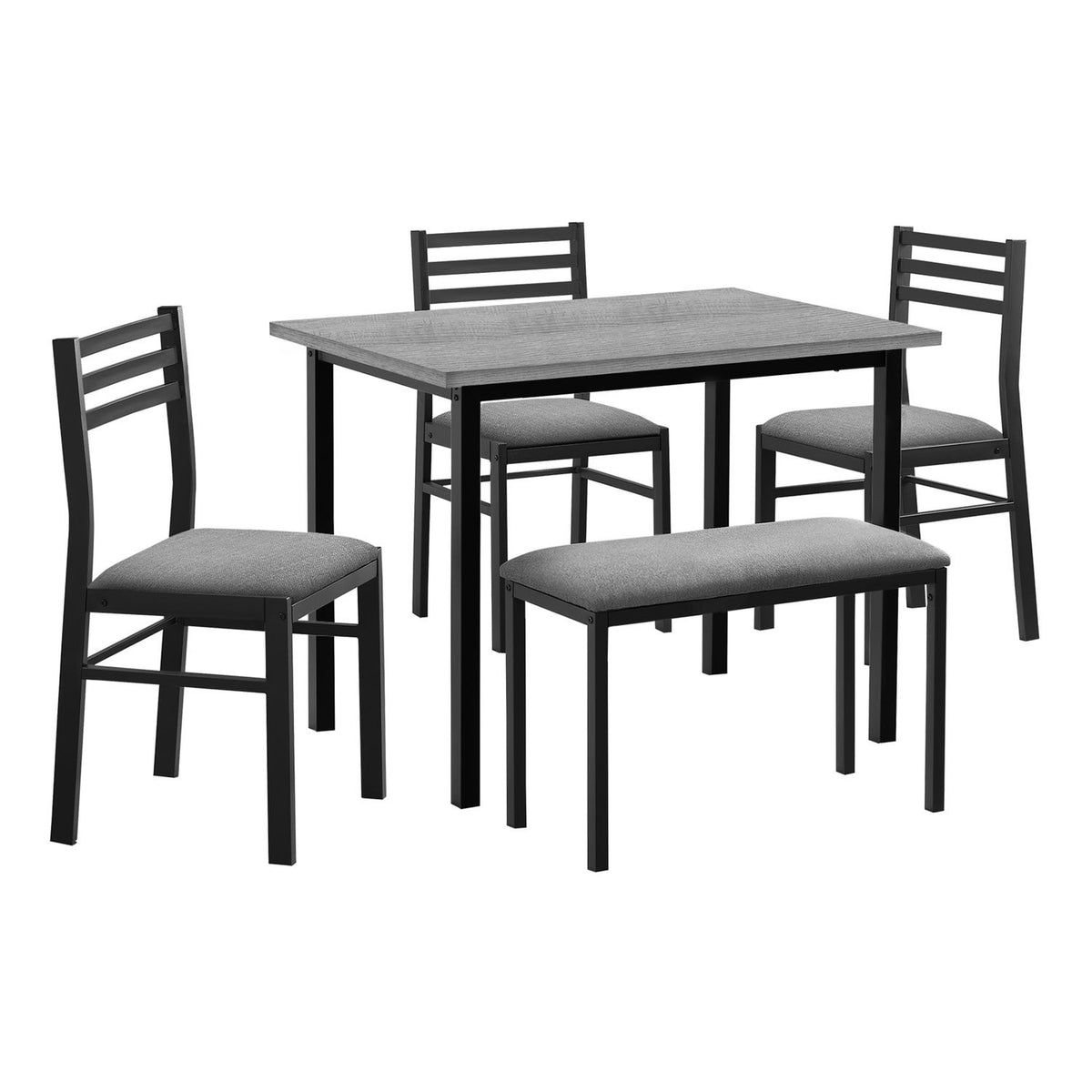 Dark gray 5-piece dining set with rectangular table and 4 dark gray padded chairs