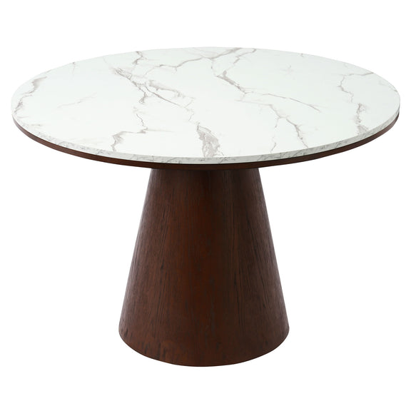Round dining table with a white marble-look top and dark brown pedestal base